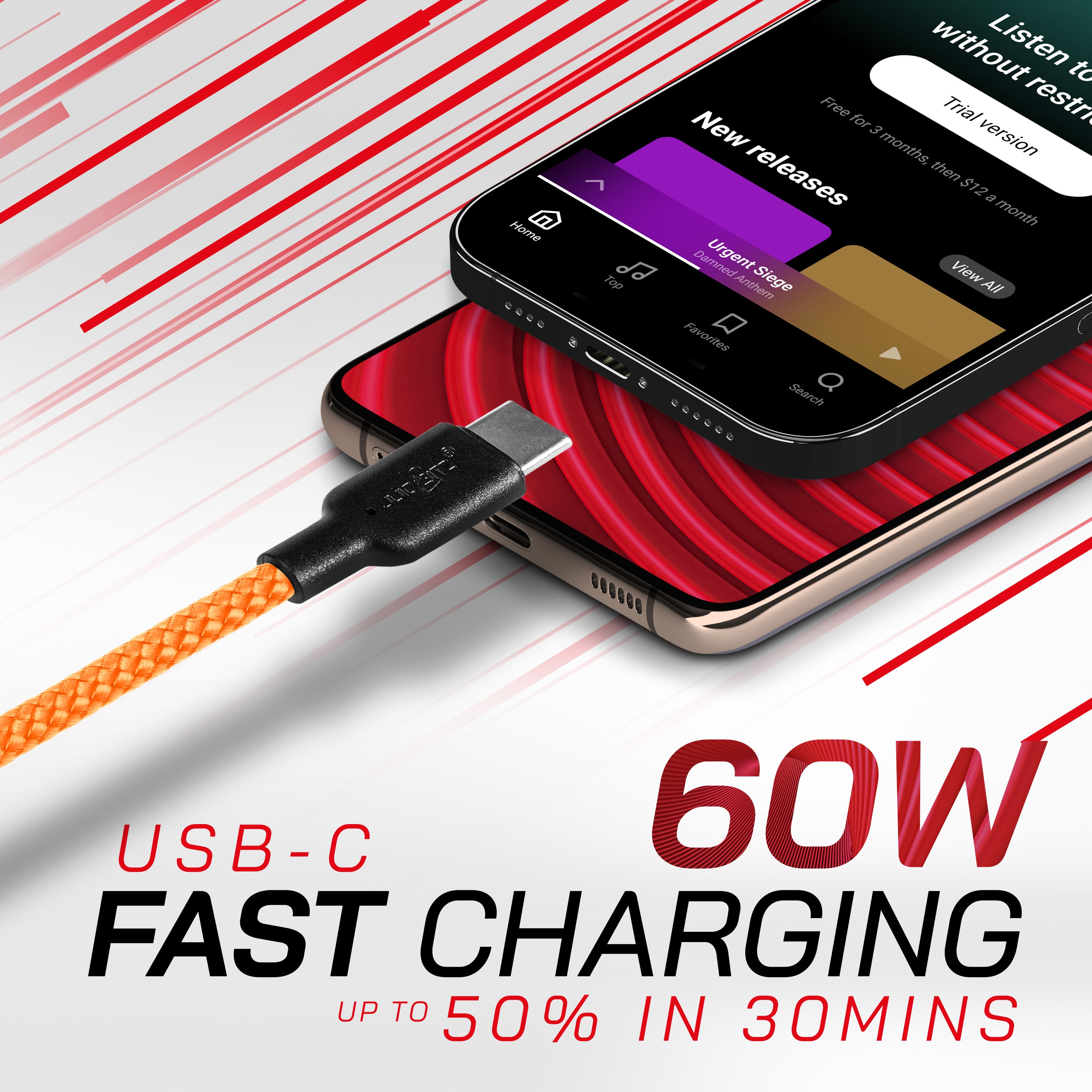 Braided USB-A to USB-C (USB2.0) 60W Fast Charger Data Cable - Orange