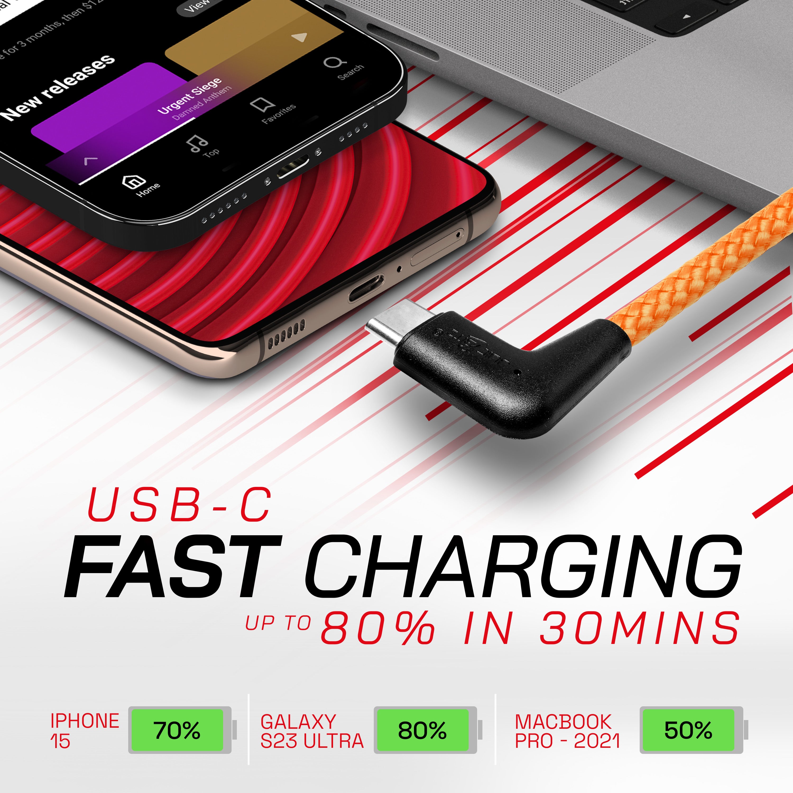 Braided USB-C to Angled USB-C (USB2.0) 100W PD Fast Charger Data Cable - Orange