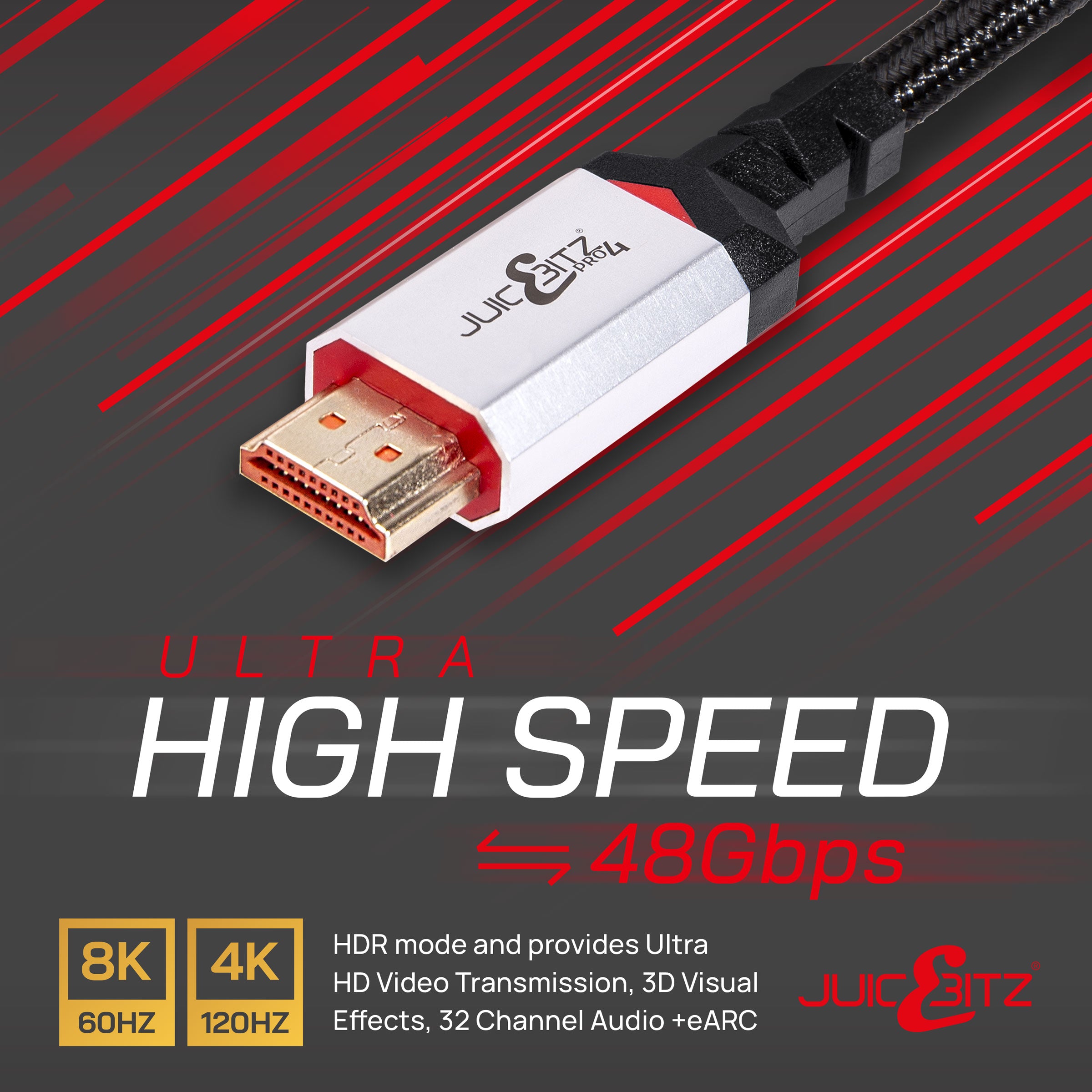 JuicEBitz Pro Series 8K 48Gbps HDMI 2.1 Cables for UHD TV QLED PS5 Gaming PC Monitor 120hz 60hz