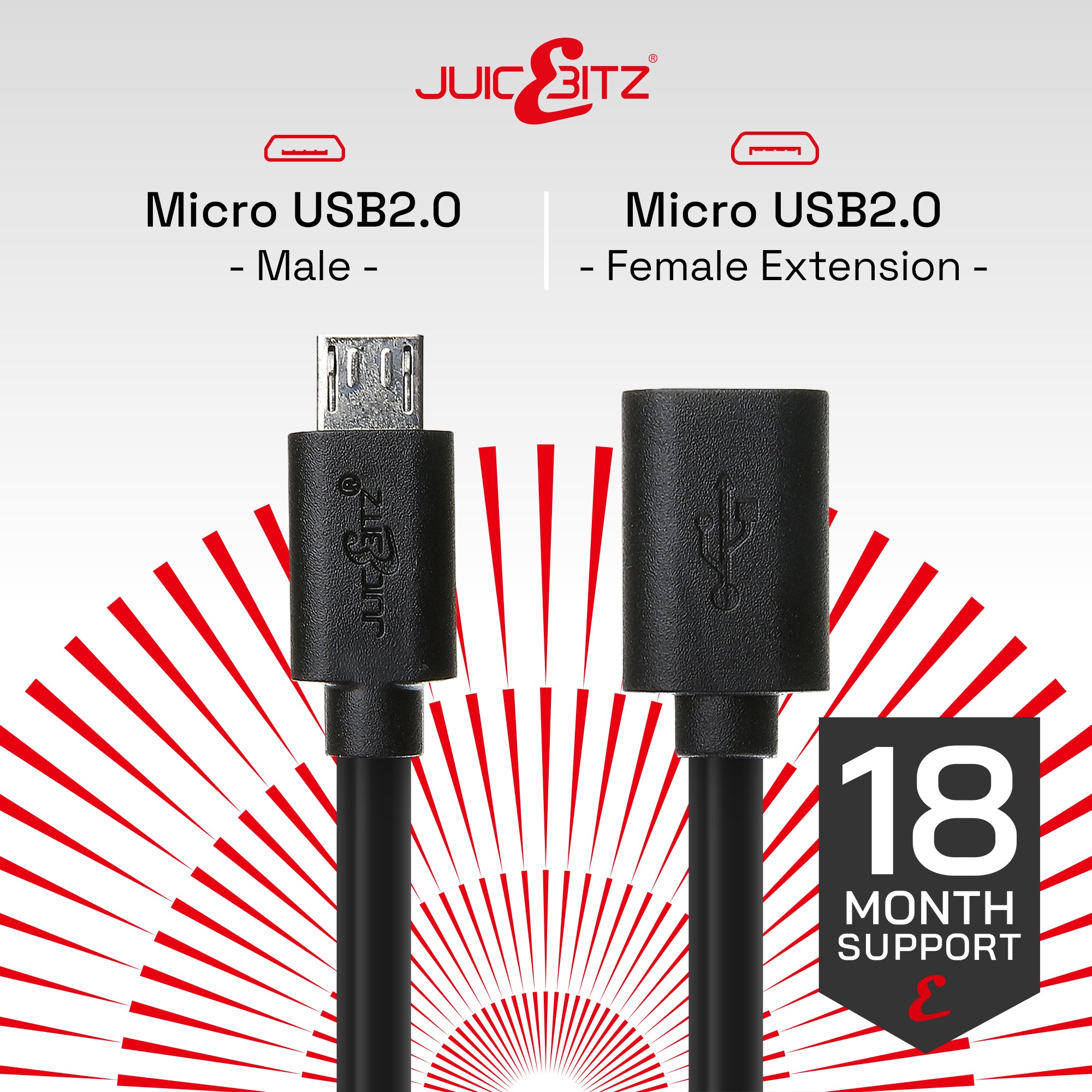 Micro USB2.0 Female Extension to Male Micro-B Cable - Black