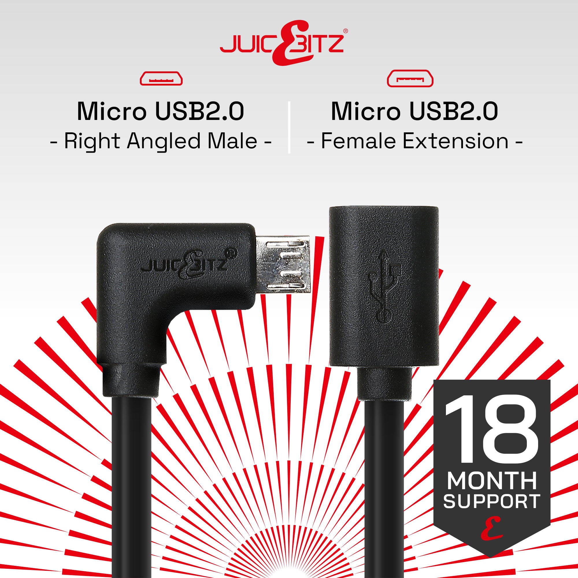 Micro USB2.0 Female Extension to Male Angled Micro B Cable - Black