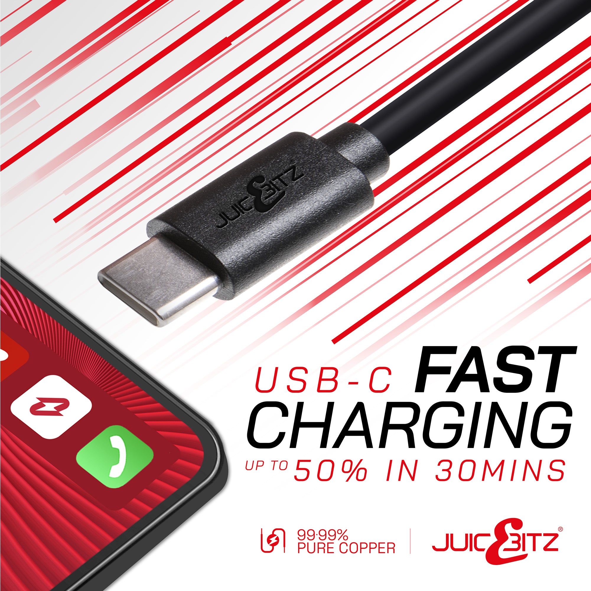 USB 2.0 Male to USB-C 3A Fast Charger Data Cable - Black