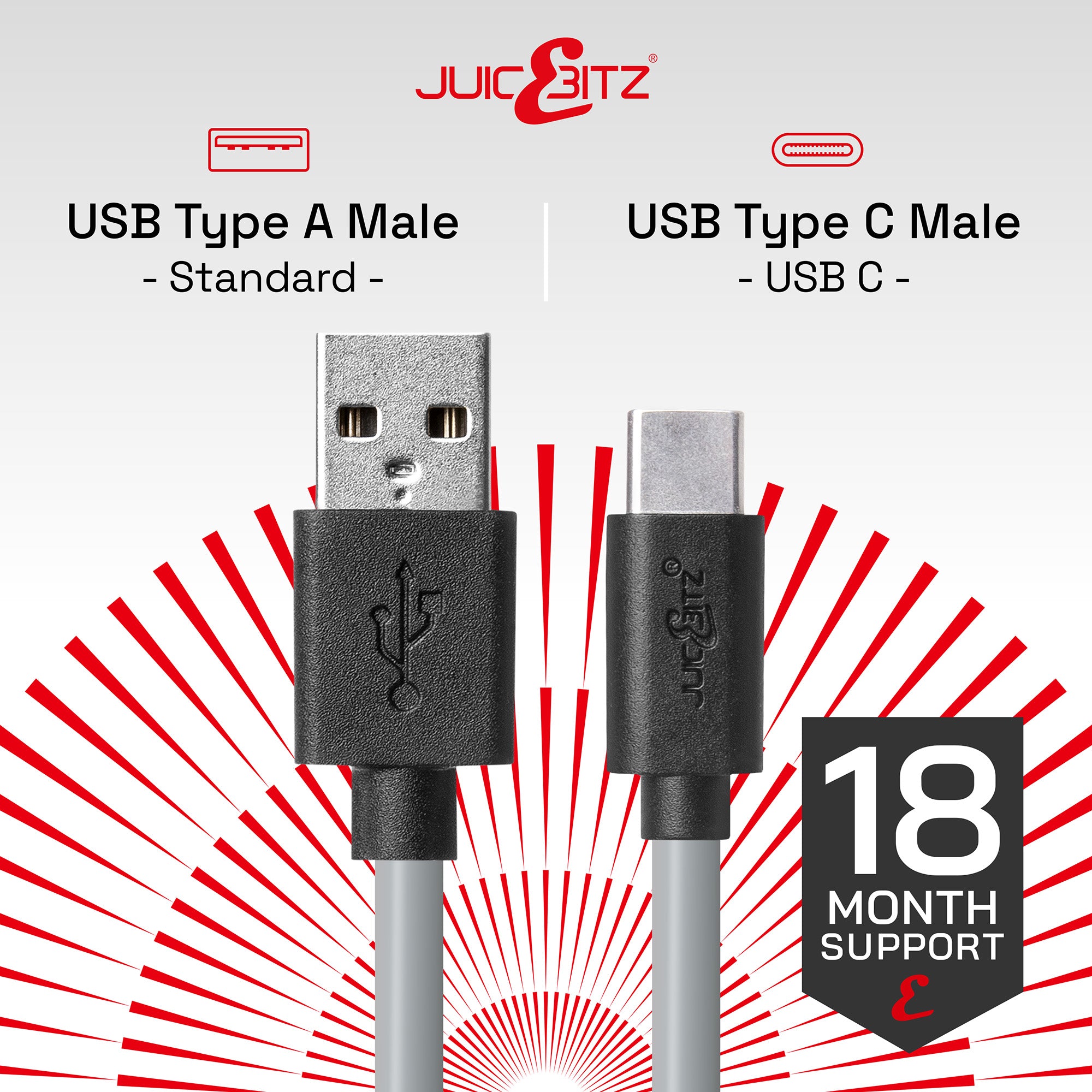 USB 2.0 Male to USB-C 3A Fast Charger Data Cable - Grey