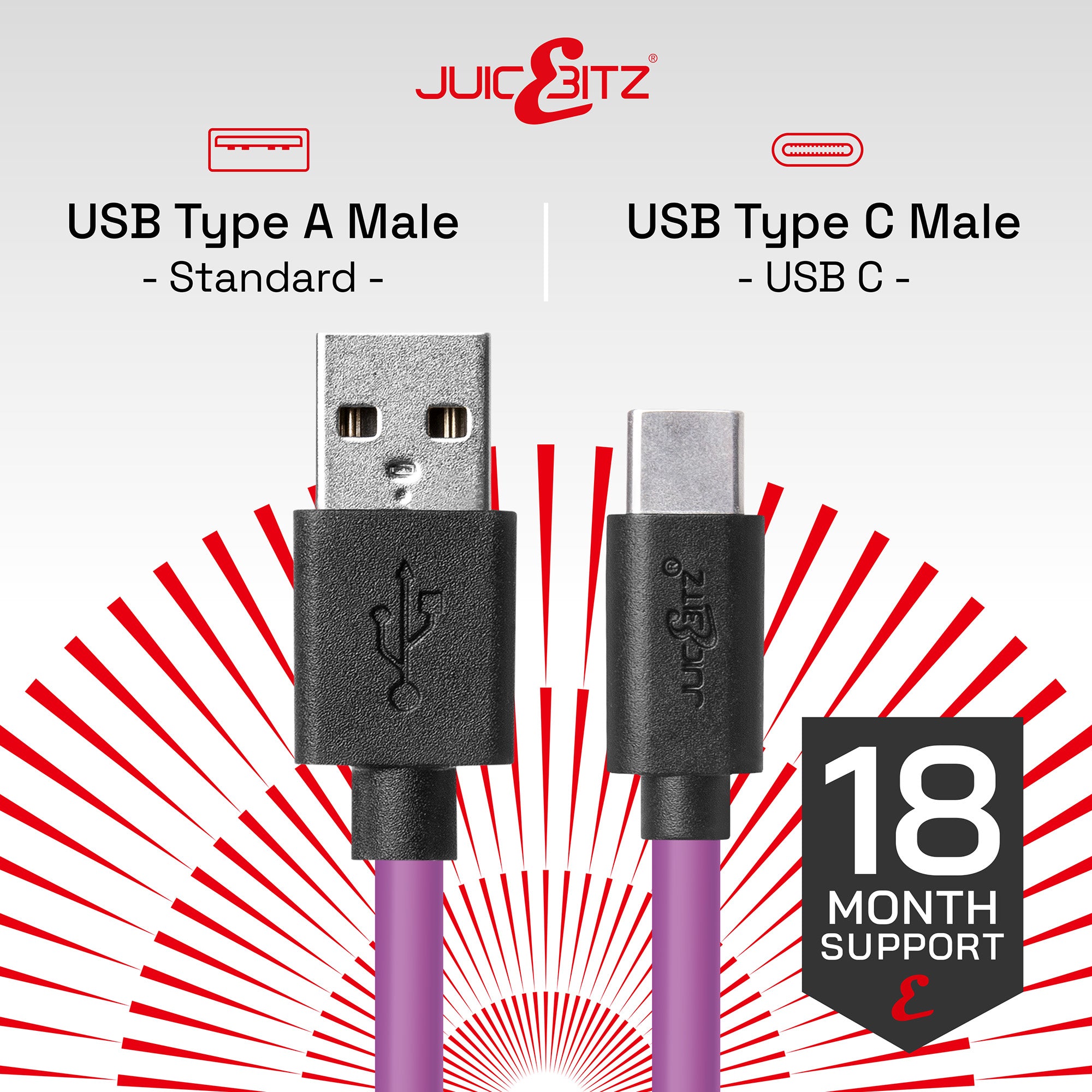 USB 2.0 Male to USB-C 3A Fast Charger Data Cable - Purple