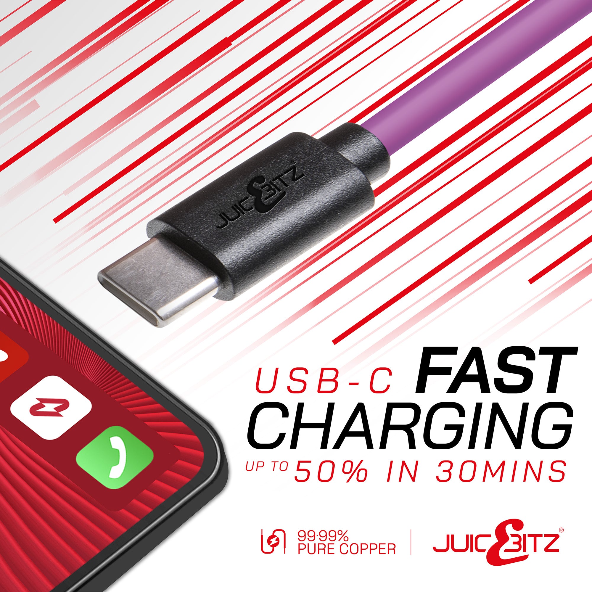 USB 2.0 Male to USB-C 3A Fast Charger Data Cable - Purple