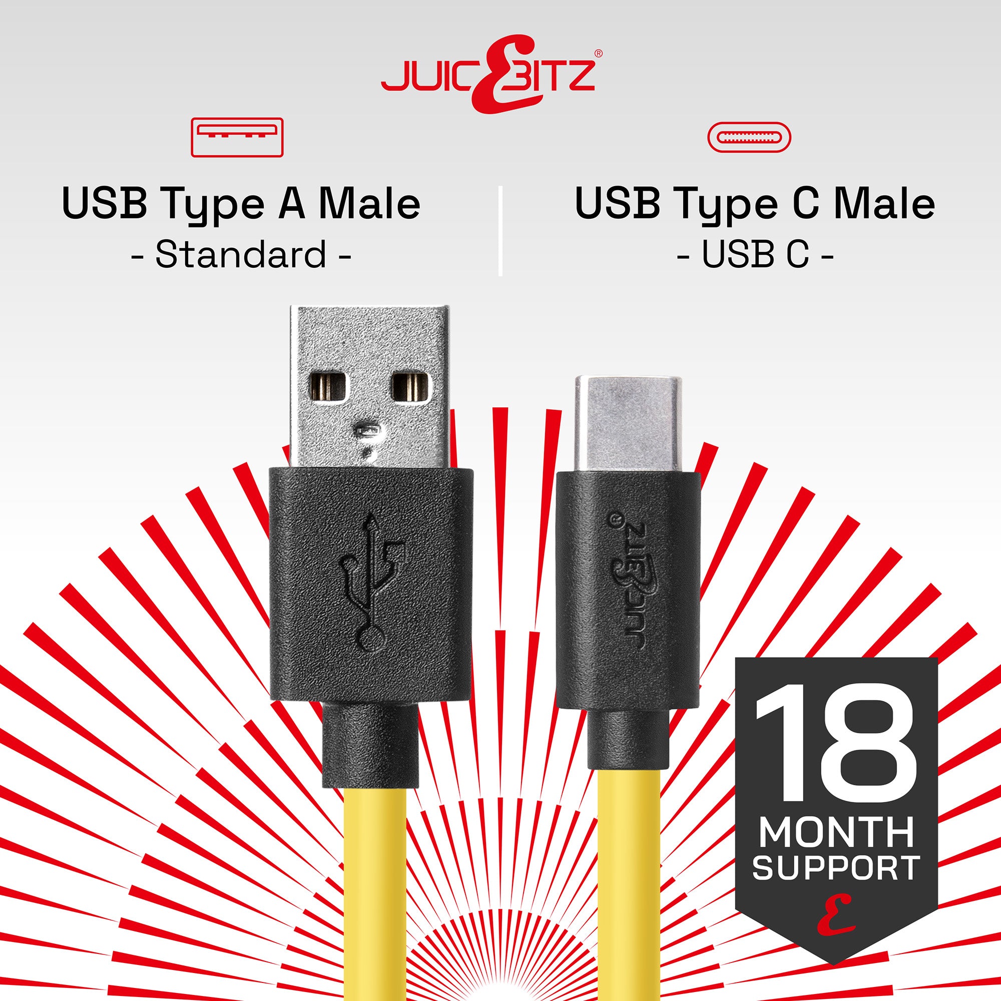 USB 2.0 Male to USB-C 3A Fast Charger Data Cable - Yellow