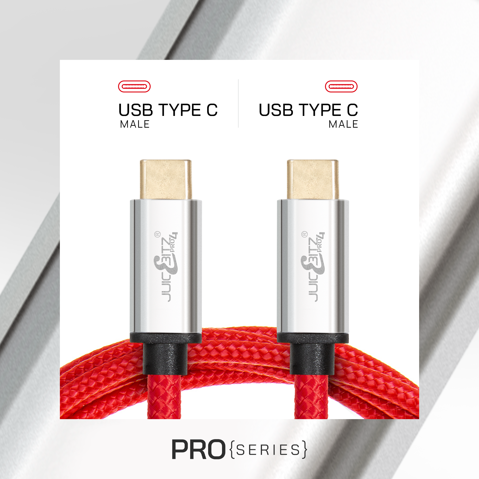 PRO Series Braided USB-C to USB-C 3A Fast Charger USB 3.0 Data Transfer Lead - Red