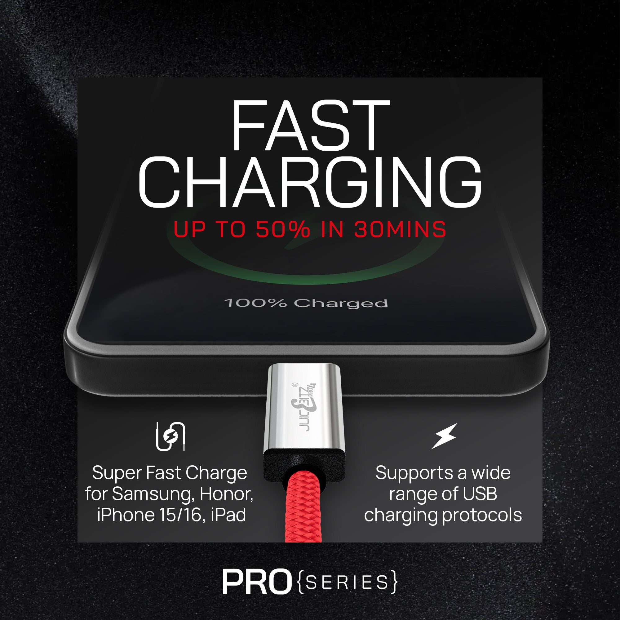 PRO Series Braided USB-C to USB-C 3A Fast Charger USB 3.0 Data Transfer Lead - Red