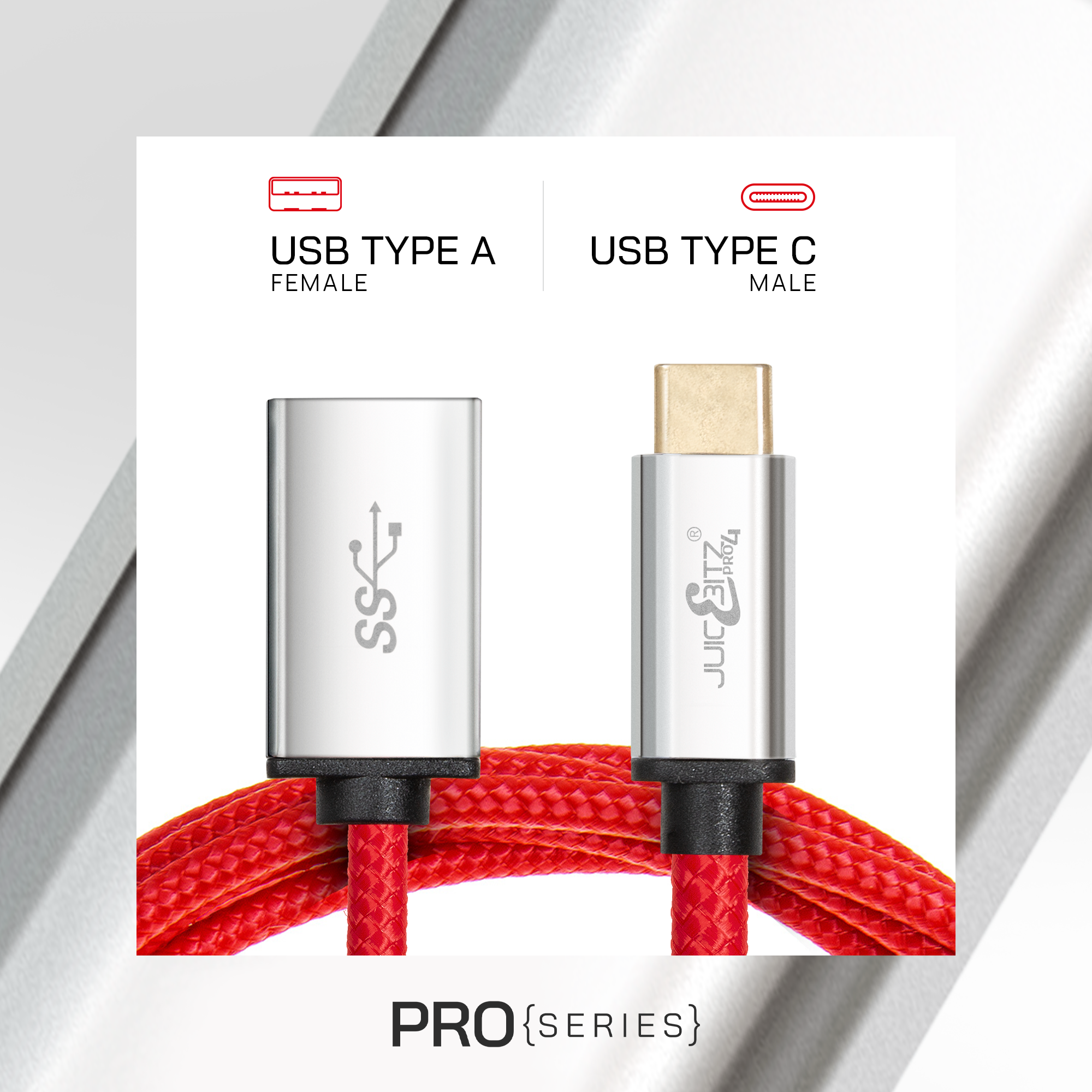 PRO Series Braided USB-C to USB 3.0 Female Extension Cable - Red