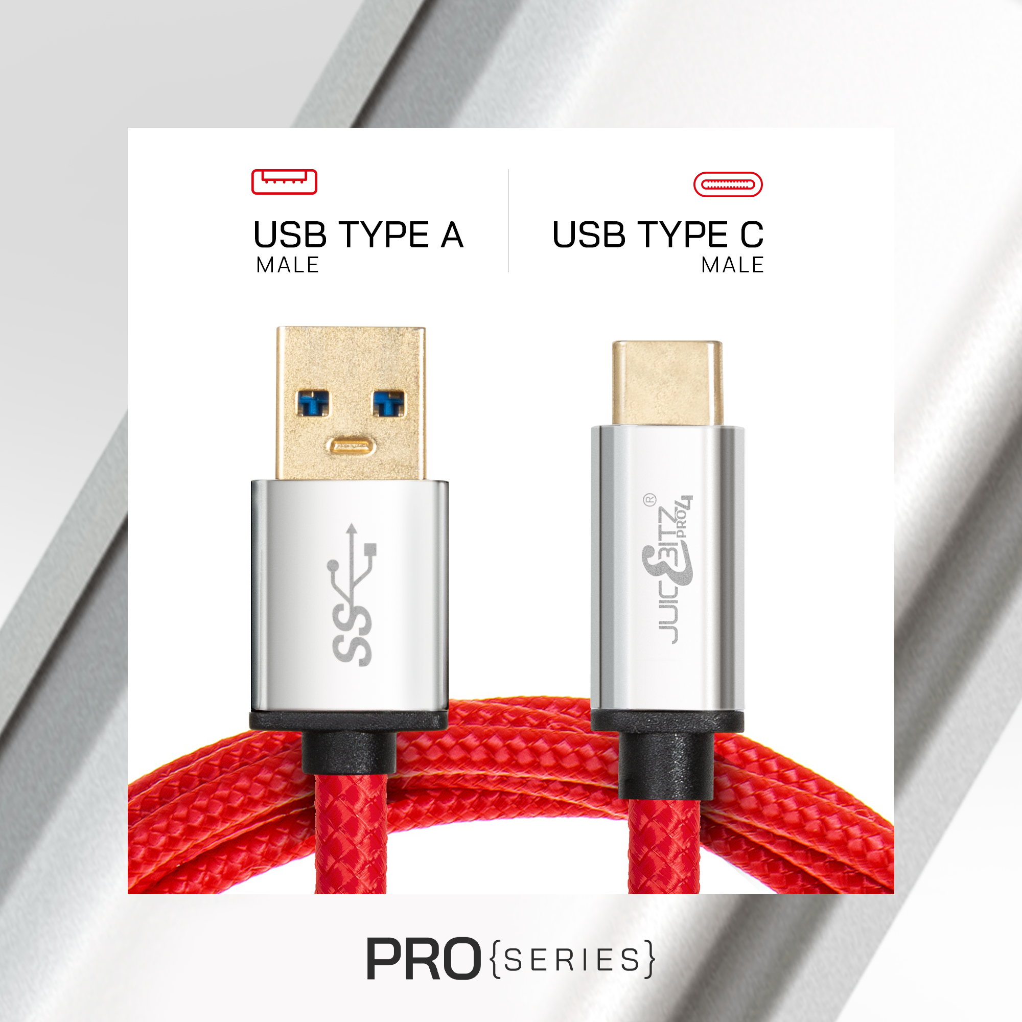 PRO Series Braided USB to USB-C 3A Fast Charger Cable USB 3.0 Data Transfer Lead - Red