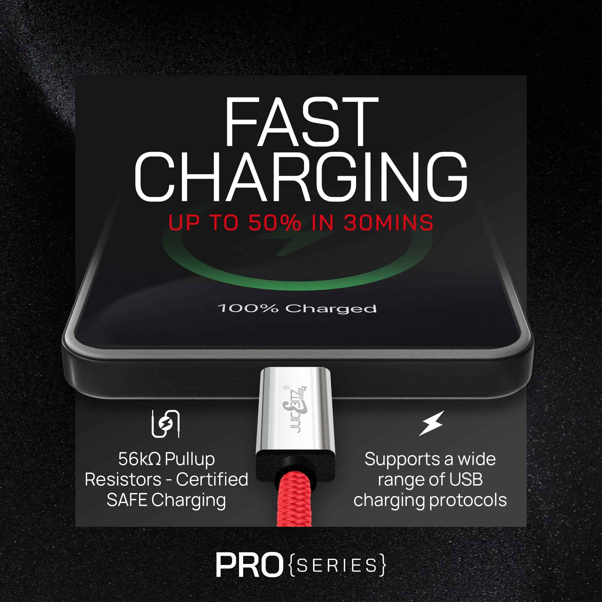 PRO Series Braided USB to USB-C 3A Fast Charger Cable USB 3.0 Data Transfer Lead - Red