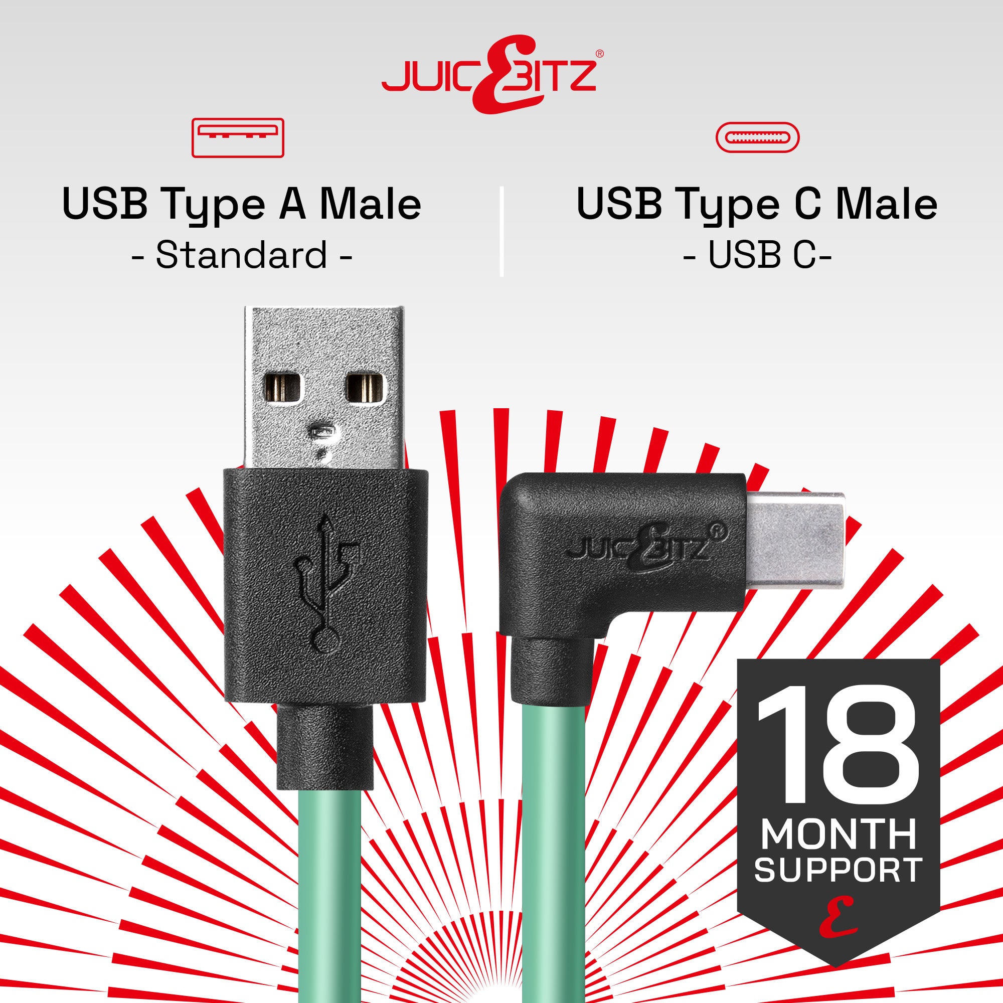 USB 2.0 Male to Angled USB-C 3A Fast Charger Data Cable - Green