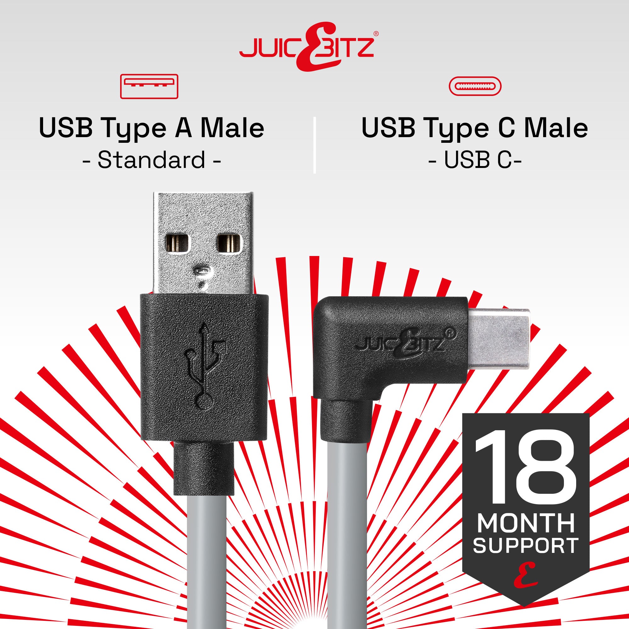 USB 2.0 Male to Angled USB-C 3A Fast Charger Data Cable - Grey