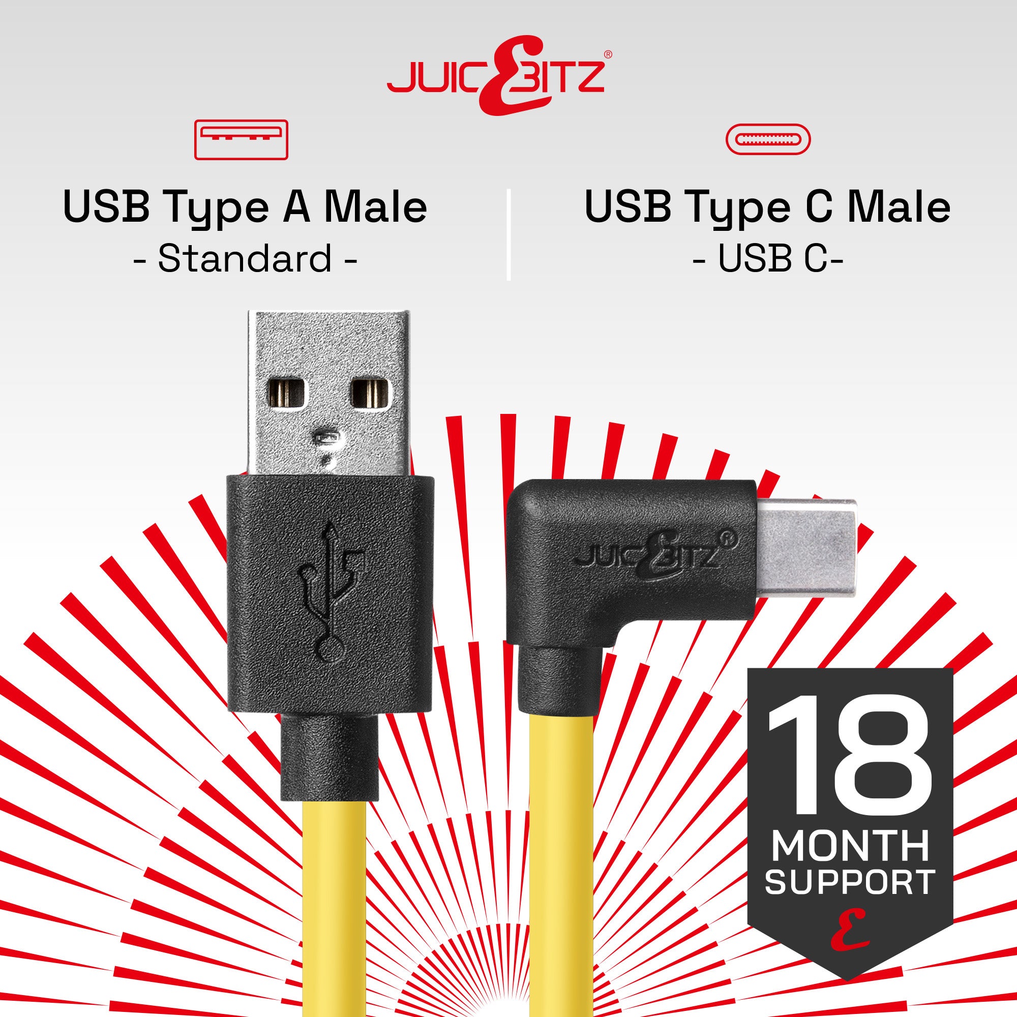 USB 2.0 Male to Angled USB-C 3A Fast Charger Data Cable - Yellow