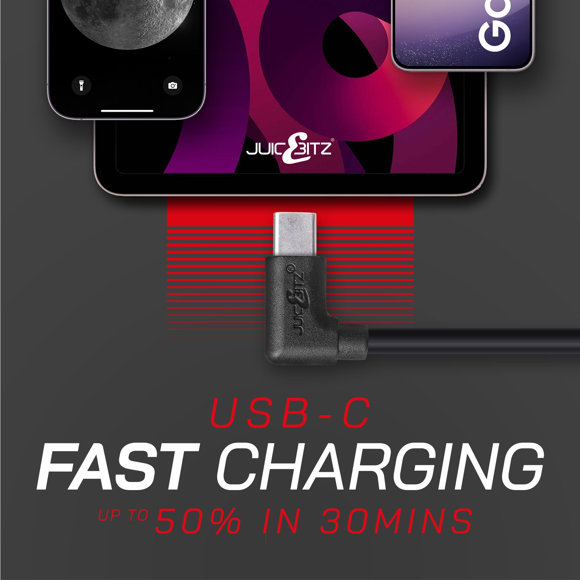 USB 2.0 Male to Angled USB-C 3A Fast Charger Data Cable - Black