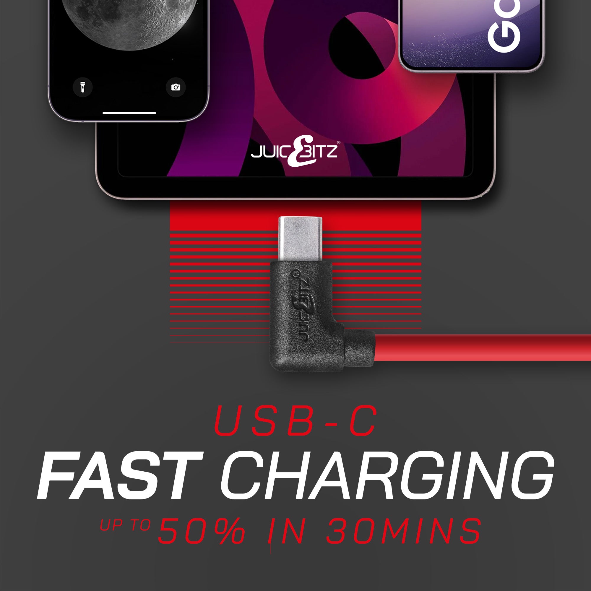 USB 2.0 Male to Angled USB-C 3A Fast Charger Data Cable - Red