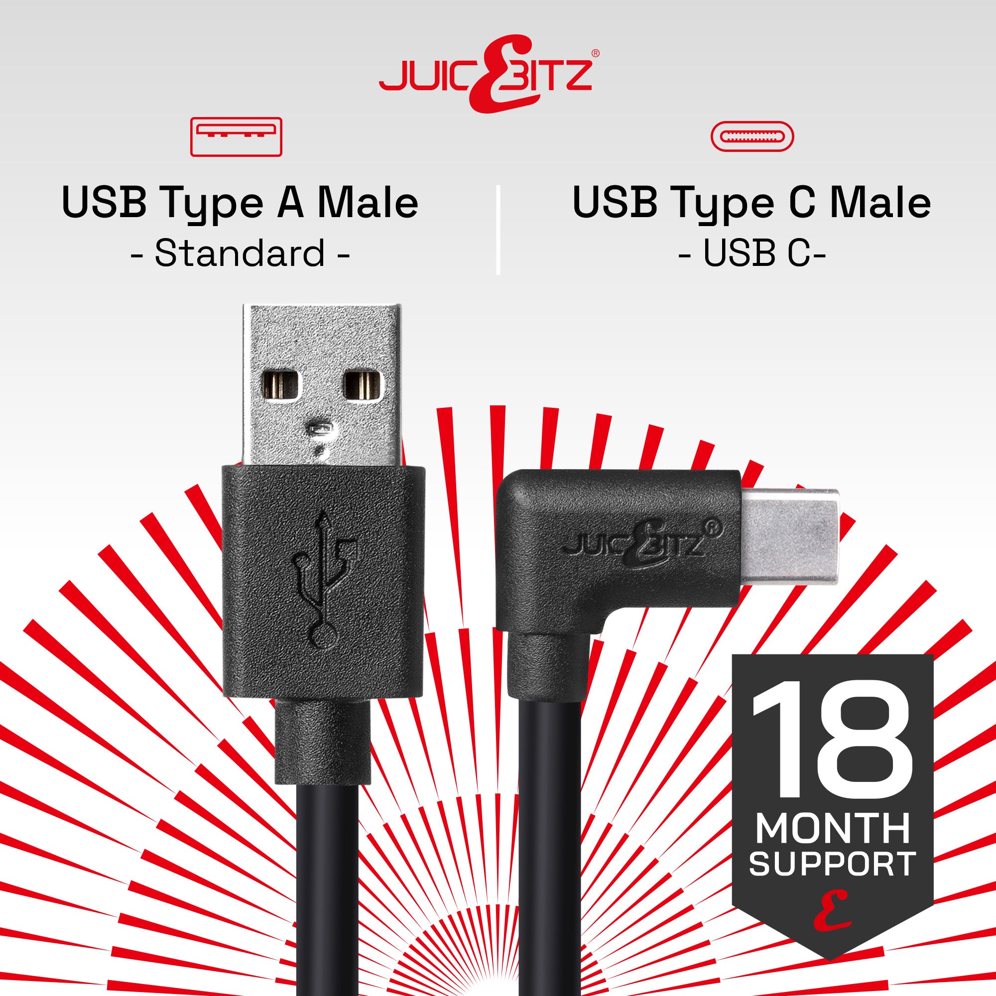 USB 2.0 Male to Angled USB-C 3A Fast Charger Data Cable - Black