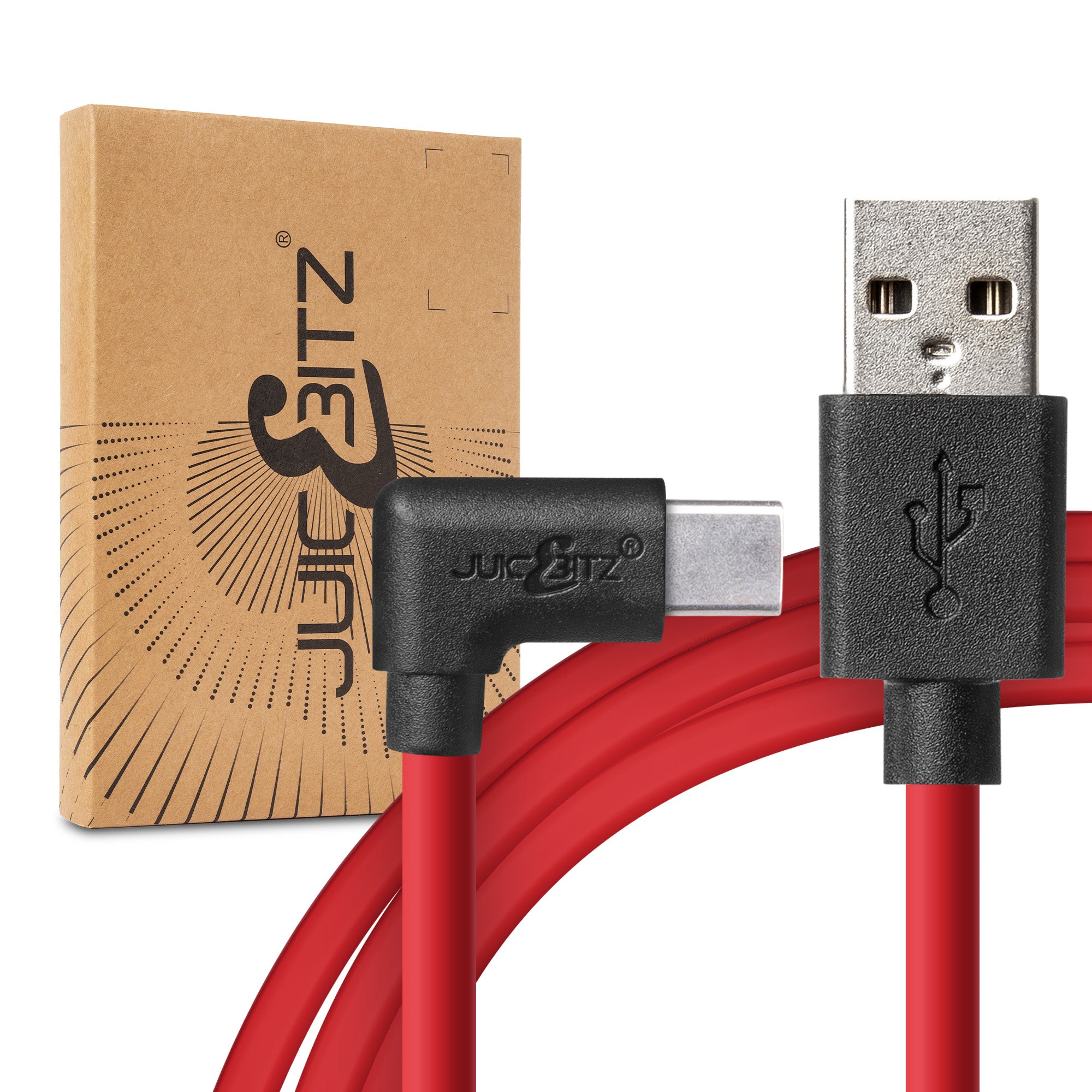 USB 2.0 Male to Angled USB-C 3A Fast Charger Data Cable - Red