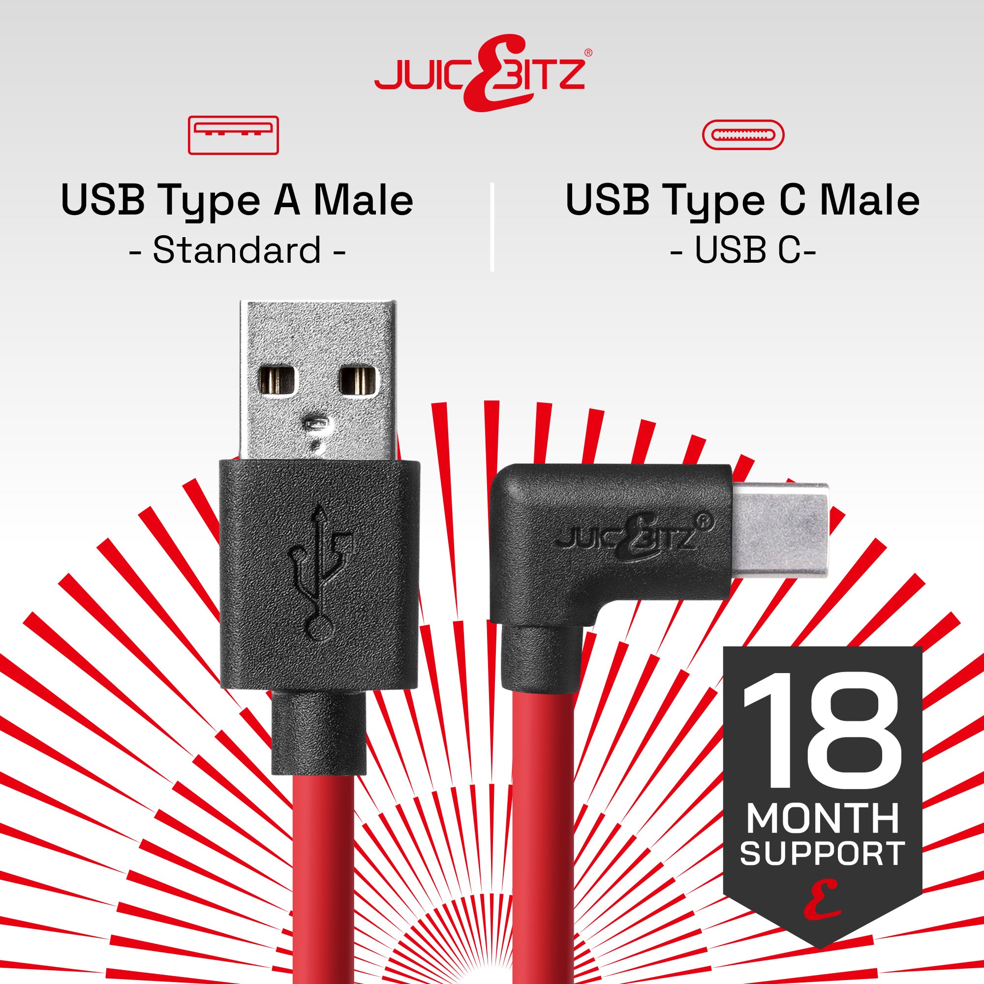 USB 2.0 Male to Angled USB-C 3A Fast Charger Data Cable - Red