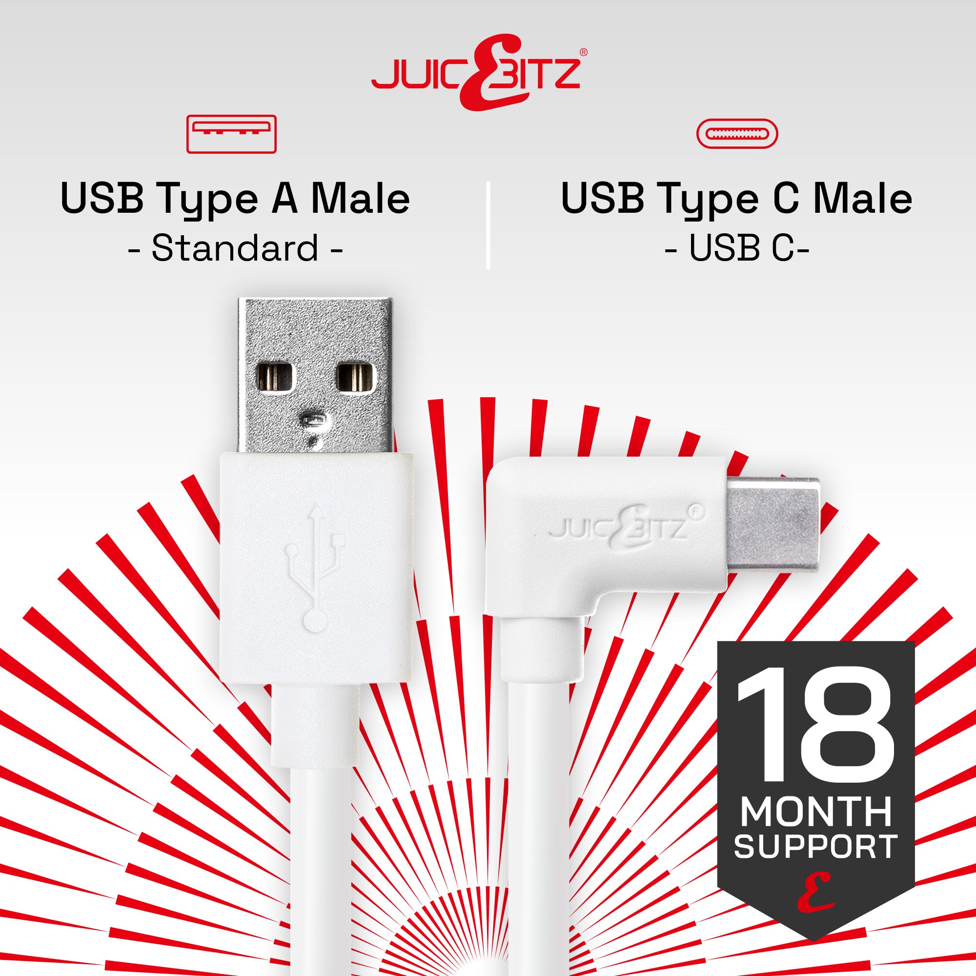 USB 2.0 Male to Angled USB-C 3A Fast Charger Data Cable - White