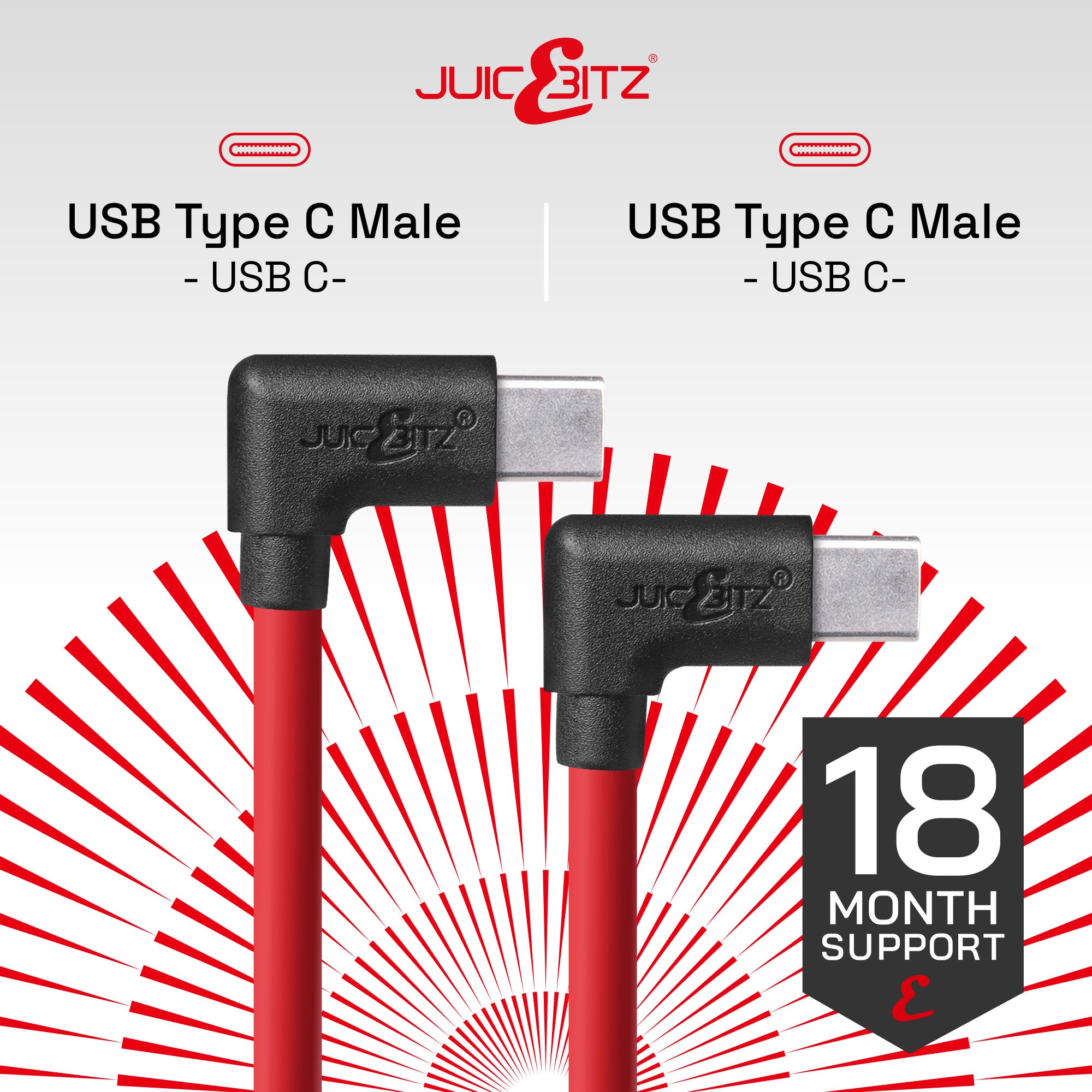 USB-C to USB-C Angled 3A Charger Cable USB 2.0 Data Transfer Lead - Red