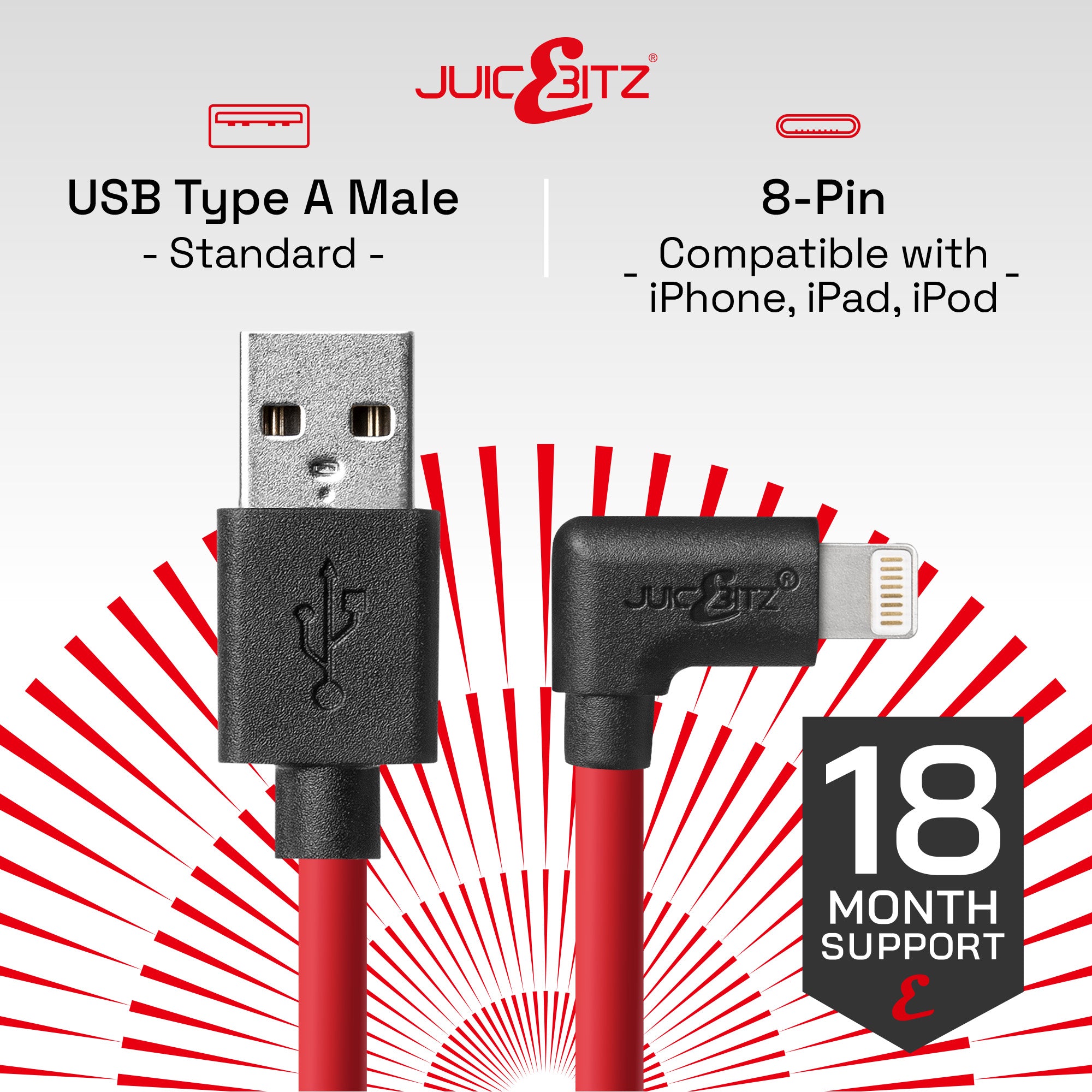 Heavy Duty Angled USB Charger Cable Data Sync Lead for iPhone, iPad, iPod - Red