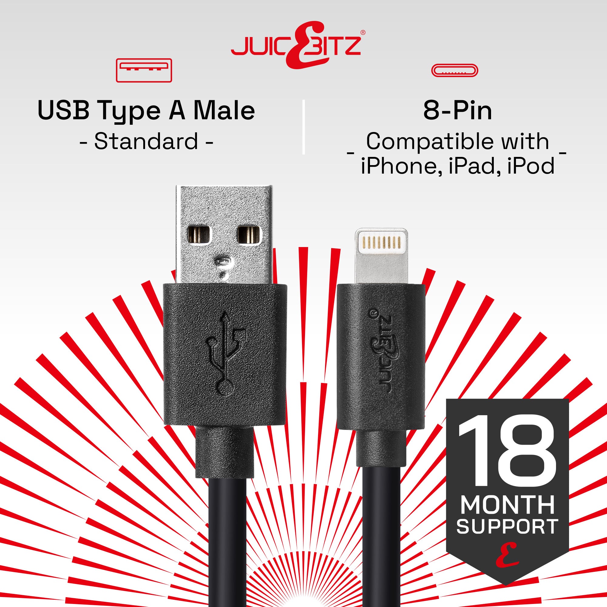 USB Charger Cable Data Sync Lead for iPhone, iPad, iPod - Black