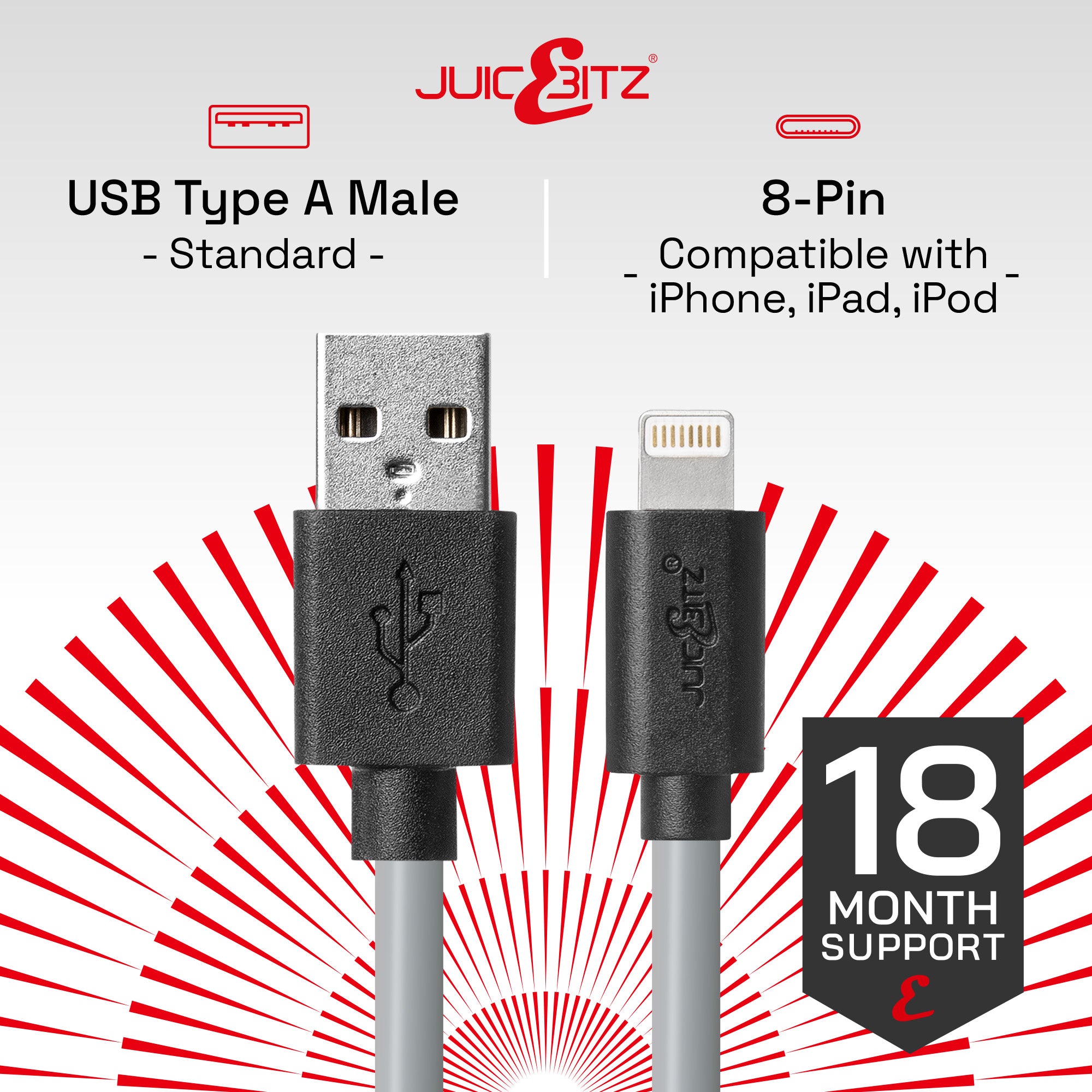 USB Charger Cable Data Sync Lead for iPhone, iPad, iPod - Grey